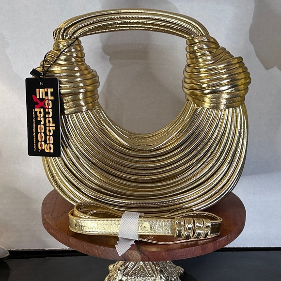 Handbags - Gold Faux Leather Double Knot Luxury Handbag, Dressy Evening Handbag